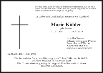 Traueranzeige von Marie Köhler von Alsfelder Allgemeine