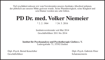 Traueranzeige von Volker Niemeier von Gießener Allgemeine, Alsfelder Allgemeine