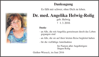 Traueranzeige von Angelika Helwig-Rolig von Gießener Allgemeine, Alsfelder Allgemeine
