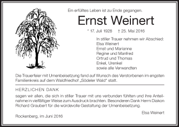 Traueranzeige von Ernst Weinert von Wetterauer Zeitung, Wetterauer Zeitung