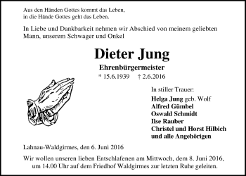 Traueranzeige von Dieter Jung von Gießener Allgemeine, Alsfelder Allgemeine