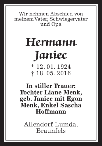 Traueranzeige von Hermann Janiec von Gießener Allgemeine, Alsfelder Allgemeine