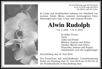 Traueranzeige von Alwin Rudolph von Gießener Allgemeine, Alsfelder Allgemeine