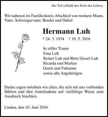 Traueranzeige von Hermann Luh von Gießener Allgemeine, Alsfelder Allgemeine