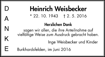 Traueranzeige von Heinrich Weisbecker von Gießener Allgemeine, Alsfelder Allgemeine