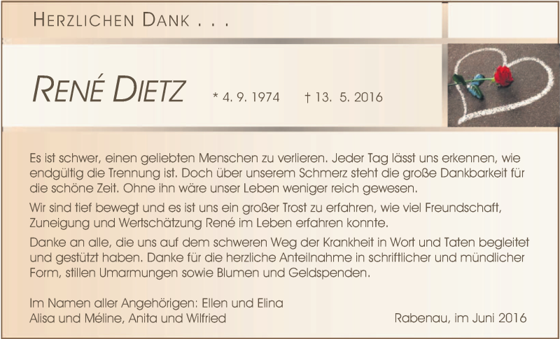  Traueranzeige für Rene Dietz vom 18.06.2016 aus Gießener Allgemeine, Alsfelder Allgemeine