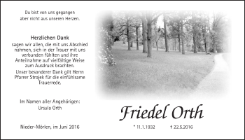 Traueranzeige von Friedel Orth von Wetterauer Zeitung, Wetterauer Zeitung