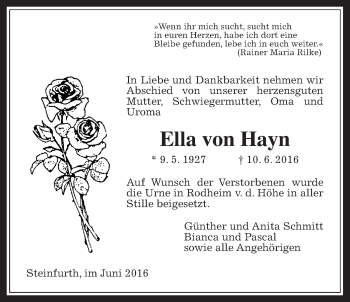 Traueranzeige von Ella von Hayn von Wetterauer Zeitung, Wetterauer Zeitung