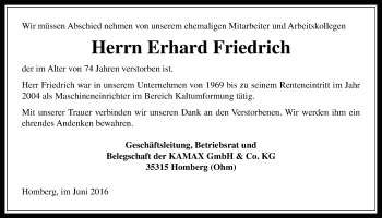 Traueranzeige von Erhard Friedrich von Alsfelder Allgemeine