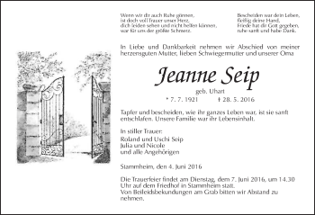 Traueranzeige von Jeanne Seip von Wetterauer Zeitung, Wetterauer Zeitung