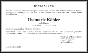 Traueranzeige von Ilsemarie Köhler von Gießener Allgemeine, Alsfelder Allgemeine