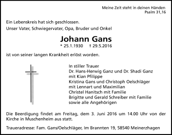 Traueranzeige von Johann Gans von Licher Wochenblatt, Licher Wochenblatt, Licher Wochenblatt