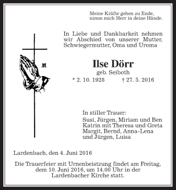 Traueranzeige von Ilse Dörr von Gießener Allgemeine, Alsfelder Allgemeine