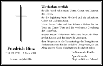Traueranzeige von Friedrich Binz von Gießener Allgemeine, Alsfelder Allgemeine