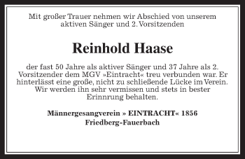 Traueranzeige von Reinhold Haase von Wetterauer Zeitung, Wetterauer Zeitung