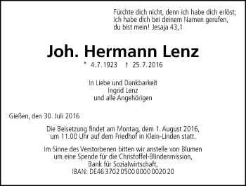 Traueranzeige von Johann Hermann Lenz von Gießener Allgemeine, Alsfelder Allgemeine