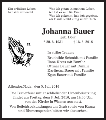 Traueranzeige von Johanna Bauer von Gießener Allgemeine, Alsfelder Allgemeine