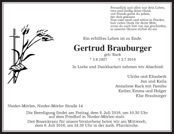 Traueranzeige von Gertrud Brauburger von Wetterauer Zeitung, Wetterauer Zeitung