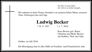 Traueranzeige von Ludwig Becker von Gießener Allgemeine, Alsfelder Allgemeine