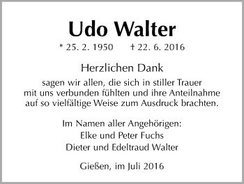 Traueranzeige von Udo Walter von Gießener Allgemeine, Alsfelder Allgemeine