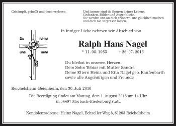 Traueranzeige von Ralph Hans Nagel von Wetterauer Zeitung, Wetterauer Zeitung