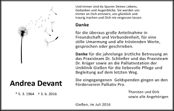 Traueranzeige von Andrea Devant von Gießener Allgemeine, Alsfelder Allgemeine