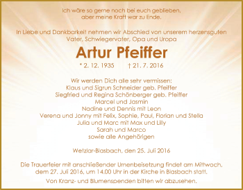 Traueranzeige von Artur Pfeiffer von Gießener Allgemeine, Alsfelder Allgemeine