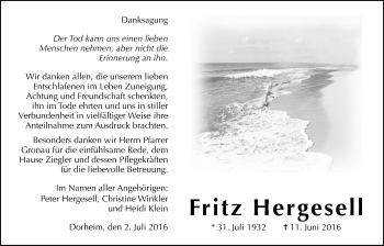 Traueranzeige von Fritz Hergesell von Wetterauer Zeitung, Wetterauer Zeitung