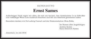 Traueranzeige von Ernst Sames von Gießener Allgemeine, Alsfelder Allgemeine