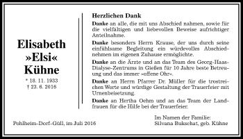 Traueranzeige von Elisabeth Kühne von Gießener Allgemeine, Alsfelder Allgemeine
