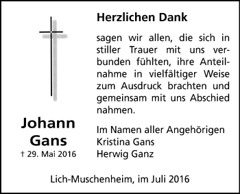 Traueranzeige von Johann Gans von Licher Wochenblatt, Licher Wochenblatt, Licher Wochenblatt