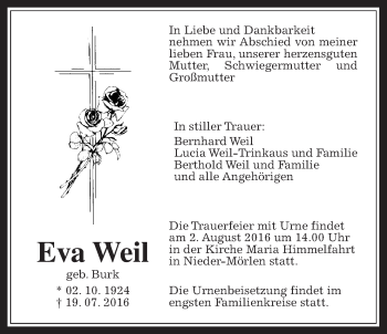 Traueranzeige von Eva Weil von Wetterauer Zeitung, Wetterauer Zeitung