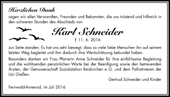 Traueranzeige von Karl Schneider von Gießener Allgemeine, Alsfelder Allgemeine