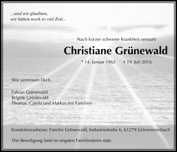 Traueranzeige von Christiane Grünewald von Wetterauer Zeitung, Wetterauer Zeitung