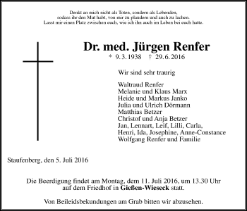 Traueranzeige von Jürgen Renfer von Gießener Allgemeine, Alsfelder Allgemeine