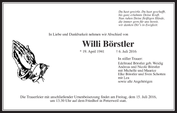 Traueranzeige von Willi Börstler von Wetterauer Zeitung