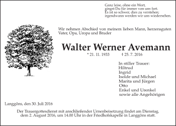 Traueranzeige von Werner Walter Avemann von Gießener Allgemeine, Alsfelder Allgemeine