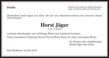 Traueranzeige von Horst Jäger von Wetterauer Zeitung, Wetterauer Zeitung