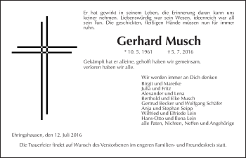 Traueranzeige von Gerhard Musch von Alsfelder Allgemeine