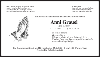 Traueranzeige von Anni Grauel von Gießener Allgemeine, Alsfelder Allgemeine