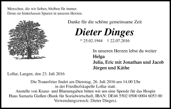 Traueranzeige von Dieter Dinges von Gießener Allgemeine, Alsfelder Allgemeine