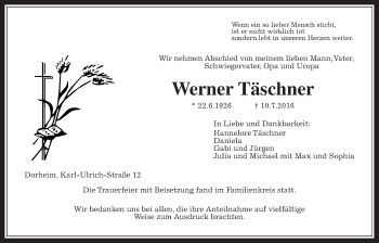 Traueranzeige von Werner Täschner von Wetterauer Zeitung, Wetterauer Zeitung