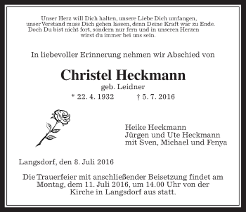 Traueranzeige von Christel Heckmann von Gießener Allgemeine, Alsfelder Allgemeine