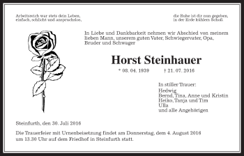 Traueranzeige von Horst Steinhauer von Wetterauer Zeitung, Wetterauer Zeitung