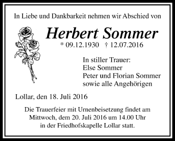 Traueranzeige von Herbert Sommer von Gießener Allgemeine, Alsfelder Allgemeine