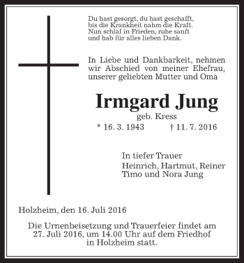 Traueranzeige von Irmgard Jung von Gießener Allgemeine, Alsfelder Allgemeine