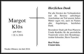 Traueranzeige von Margot Klös von Alsfelder Allgemeine