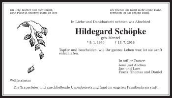 Traueranzeige von Hildegard Schöpke von Wetterauer Zeitung, Wetterauer Zeitung