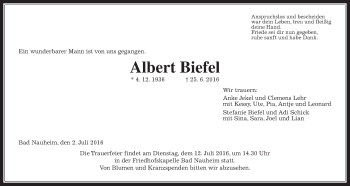 Traueranzeige von Albert Biefel von Wetterauer Zeitung, Wetterauer Zeitung