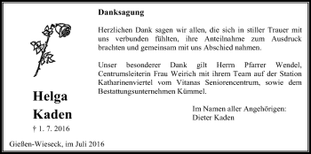 Traueranzeige von Helga Kaden von Gießener Allgemeine, Alsfelder Allgemeine